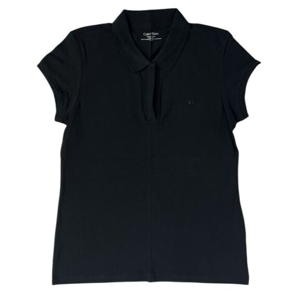 Calvin Klein Women's Black Slim Pique Polo Shirt Short Sleeve Size Large